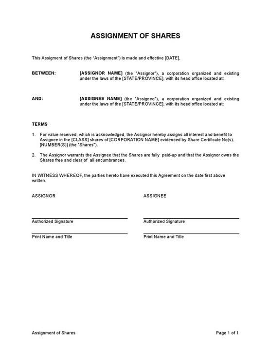 Sample Assignment Of Shares Template