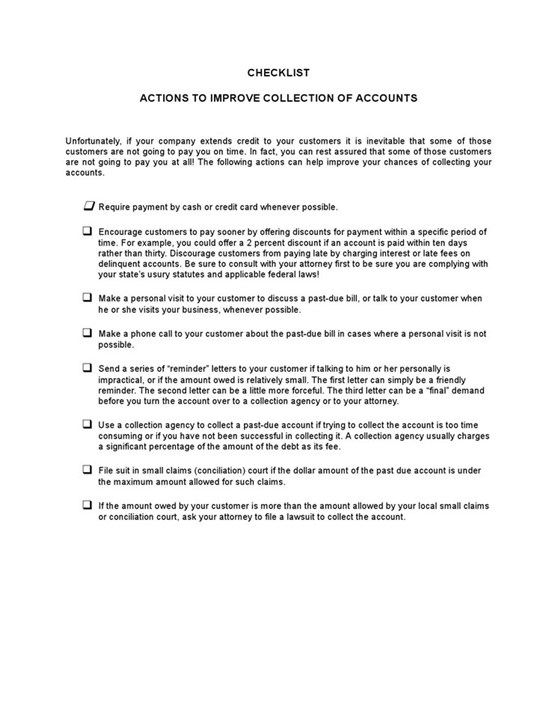 Sample Checklist Action To Improve Collection Of Accounts Template