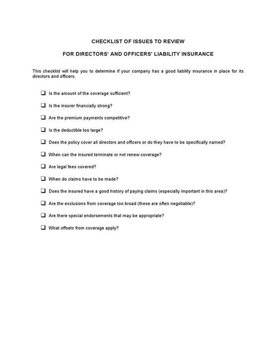 Sample Checklist Directors And Officers Insurance Template