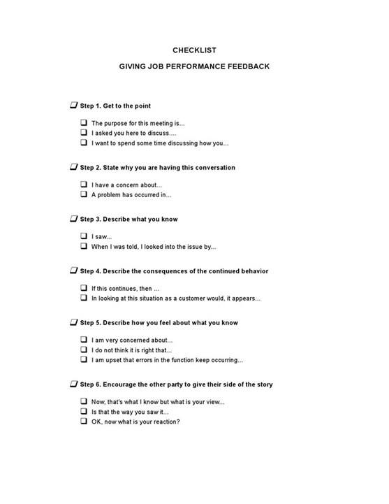 Sample Checklist Giving Job Performance Feedback Template