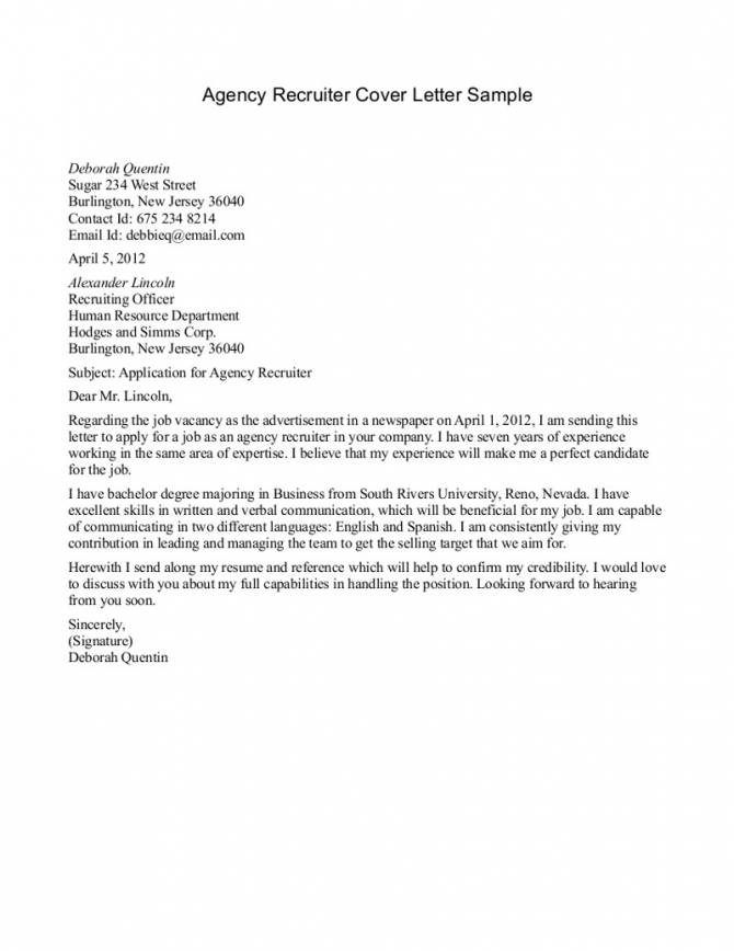 Agency Recruiter Cover Letter Gotilo   Sample Cover Letter For Recruiting Job 9 