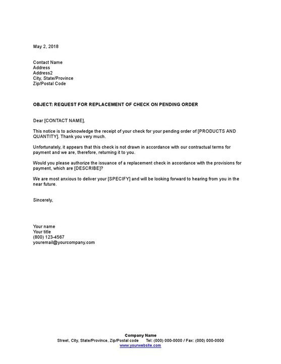 Sample Request For Replacement Of Check On Pending Order Template