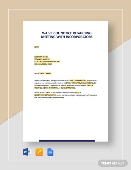 Sample Waiver Of Notice Meeting Of Incorporators Template Template