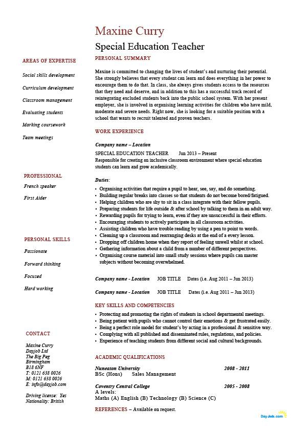 Special Education Teacher Resume  Sample  Example  Template  Class