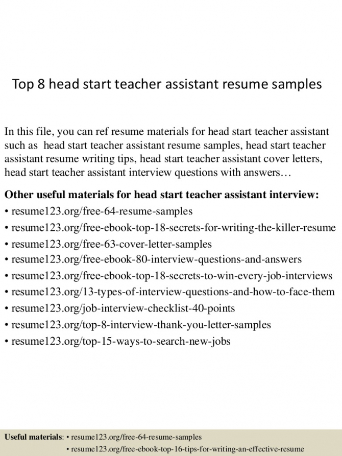 Top  Head Start Teacher Assistant Resume Samples