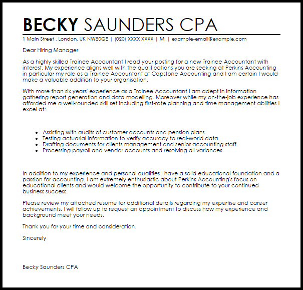 Trainee Accountant Cover Letter Sample