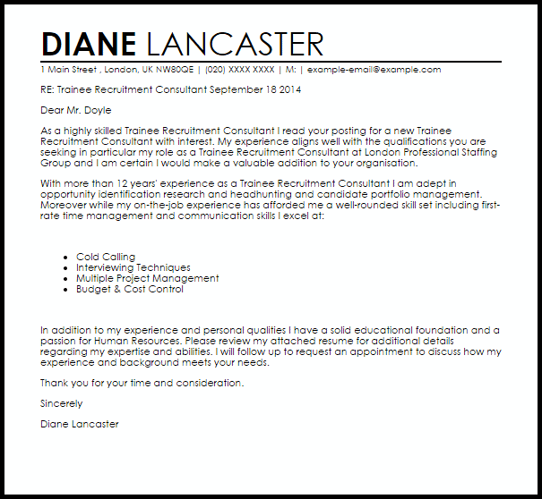 education recruitment consultant cover letter