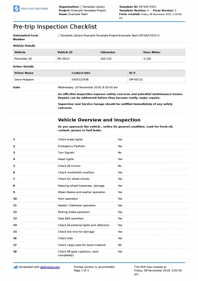 Truck Driver Pre Trip Inspection Checklist Free  Editable Checklist